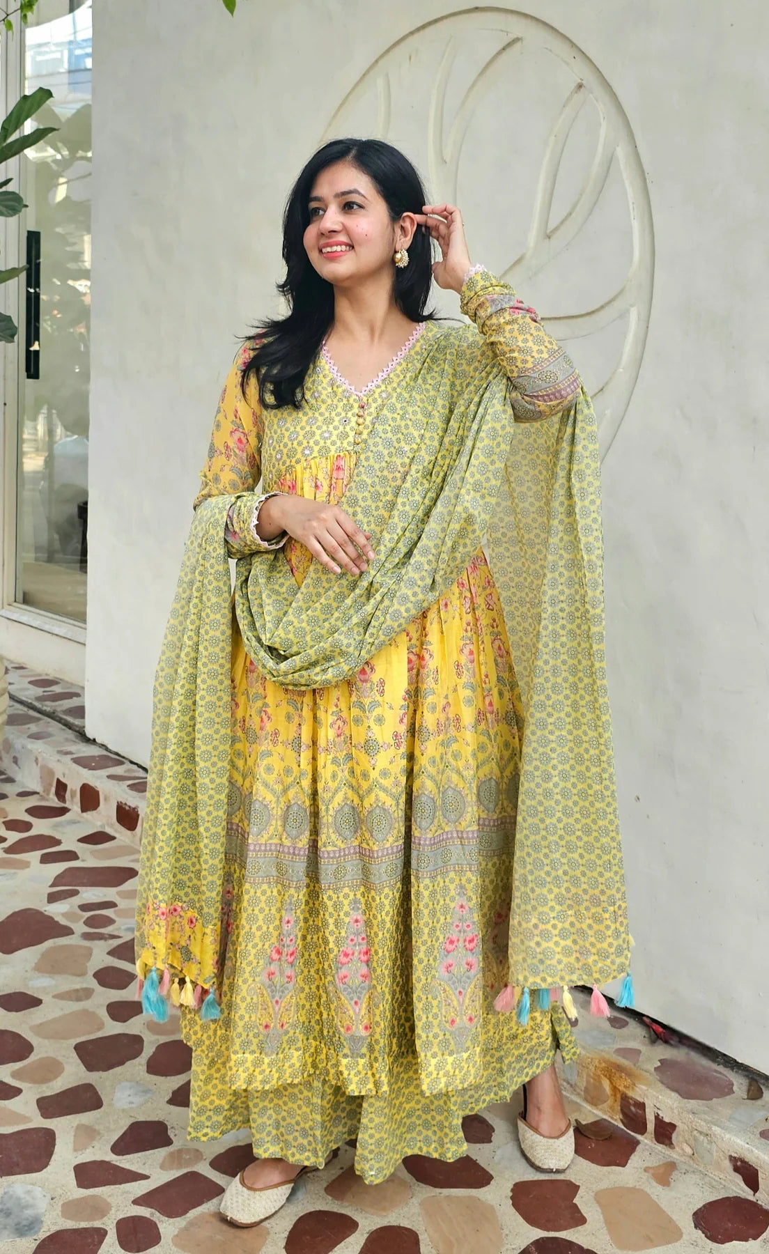 Women’s Olive Green Chinon Kurta Ensemble with Elephant & Peacock Motifs