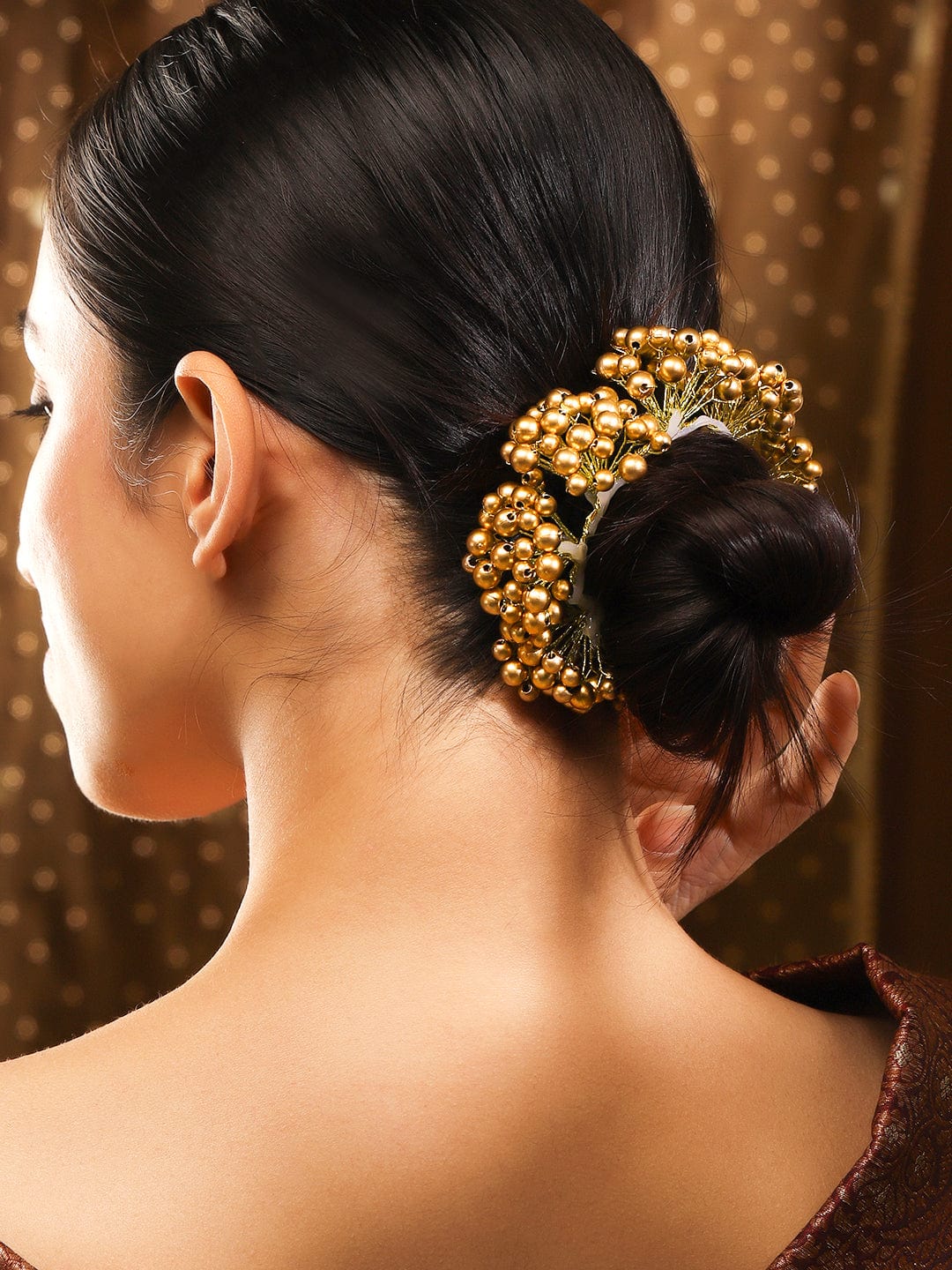Modern Gold Toned Hair Bun Accessory with Decorative Pearl Details