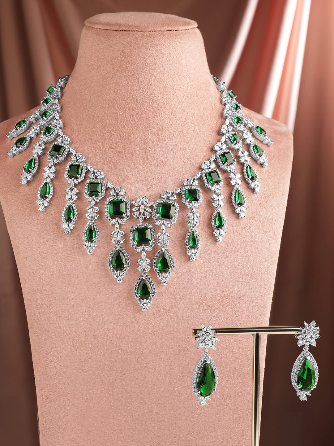 Luxury Rhodium Plated Statement Jewellery Set with Emerald Green Stones