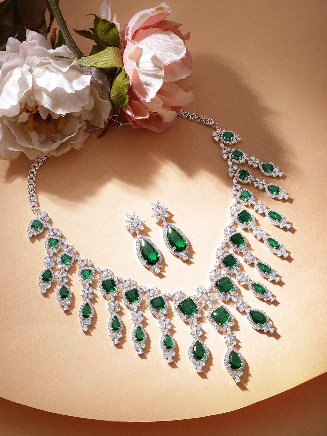 Luxury Rhodium Plated Statement Jewellery Set with Emerald Green Stones