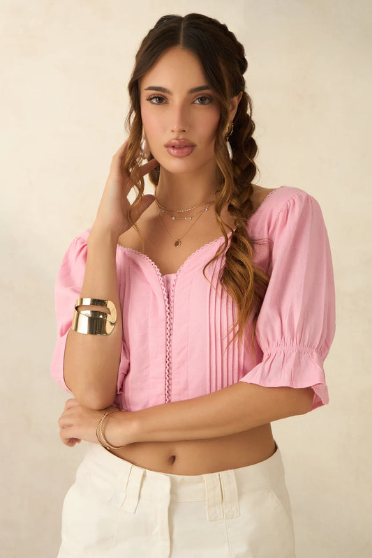 Chic Linen Cropped Bustier Top for Women with Pleated Styling and Minimalist Design