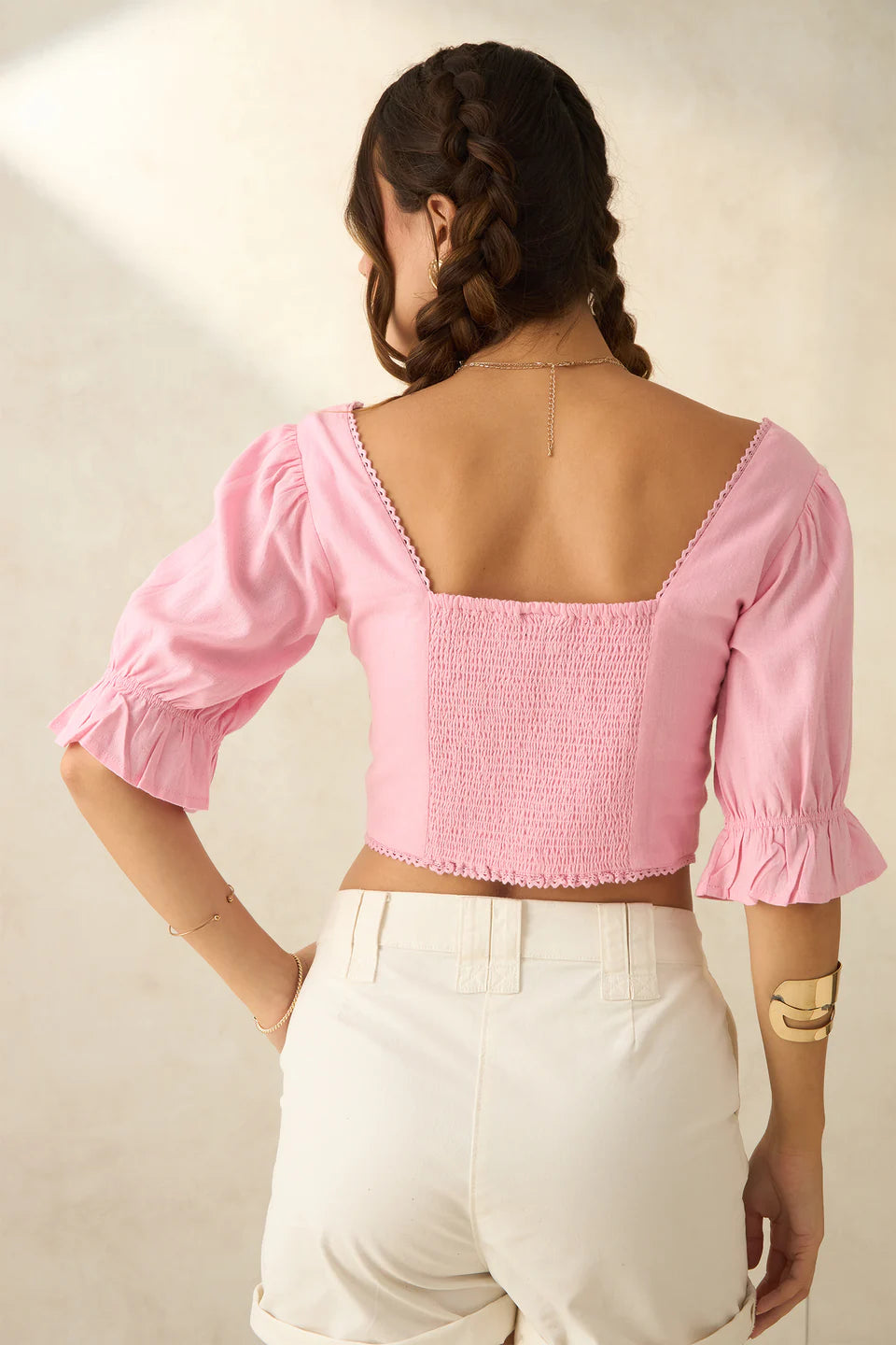 Chic Linen Cropped Bustier Top for Women with Pleated Styling and Minimalist Design