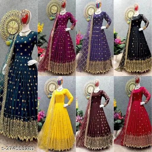 Faux Georgette With Embroidery Sequence Work With Full Sleeve Party Wear Look Heavy Embroidery Sequence Work Gown