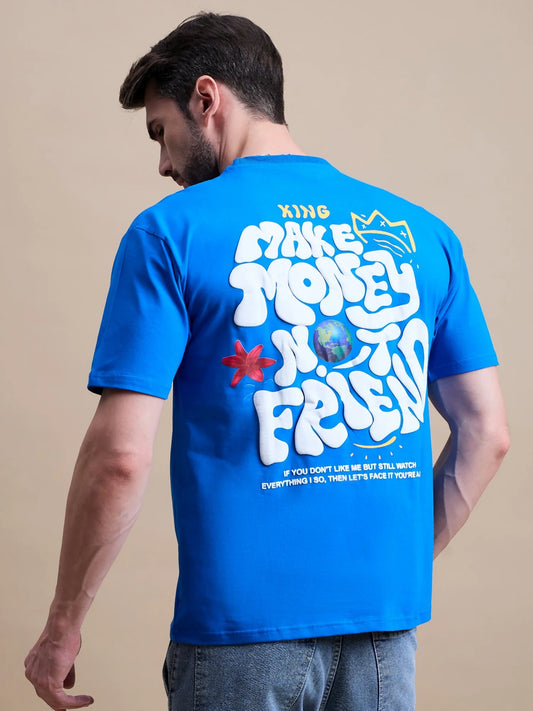 Mens Blue Casual Oversized Cotton T Shirt with Relaxed Fit and Simple Design