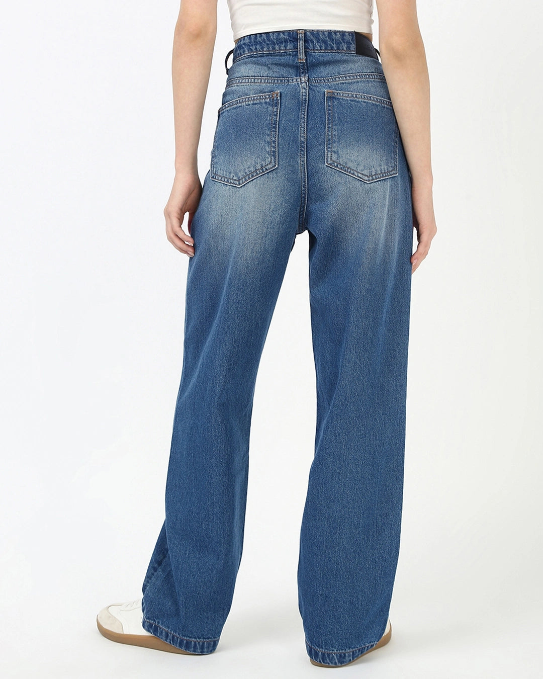 Women’s Blue Washed Loose Fit Baggy Straight Leg Jeans with Soft Stretchable Denim