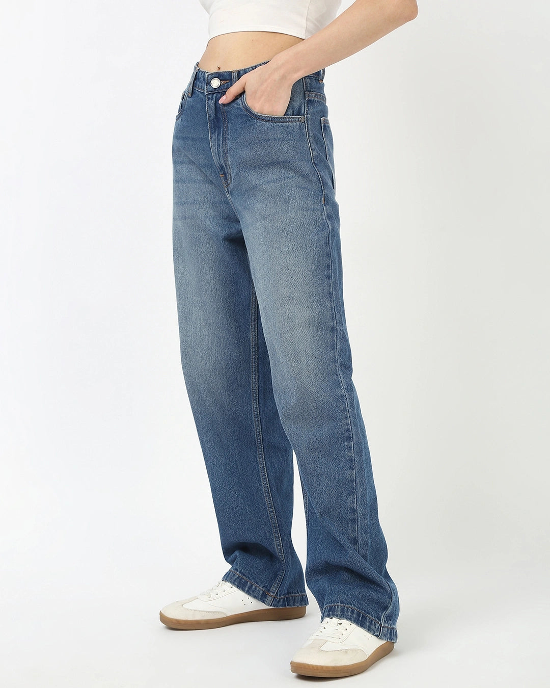 Women’s Blue Washed Loose Fit Baggy Straight Leg Jeans with Soft Stretchable Denim